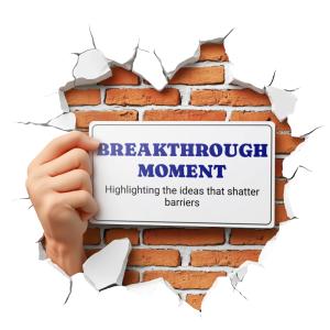 Download a customizable PNG clipart of a hand breaking through a wall holding a “Breakthrough Moment” sign. Perfect for motivation and success presentations.