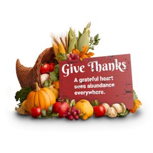 Customizable cornucopia PNG clipart featuring fruits and a “Give Thanks” sign. Perfect for Thanksgiving, fall presentations, and gratitude-themed slides.