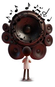 Download Face the Music idiom PNG clipart showing a character before a speaker symbolizing accountability and courage. Ideal for motivational presentations.