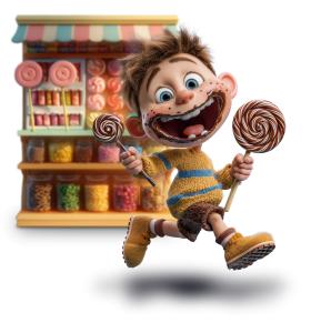 Bright and cheerful idiom clipart showing a joyful child surrounded by candy. Perfect for presentations about happiness, celebration, and childhood fun.