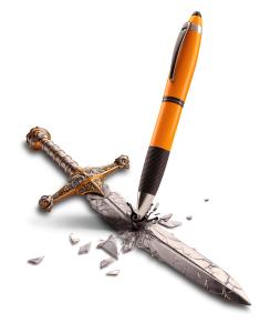 Powerful idiom clipart showing a pen piercing a shattered sword, symbolizing the triumph of words over violence. Perfect for communication or writing themes.