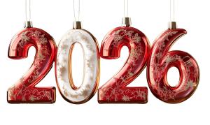 Celebrate 2026 with festive ornament clipart in red, white, and gold. Perfect for New Year PowerPoint templates, party slides, and holiday presentations.