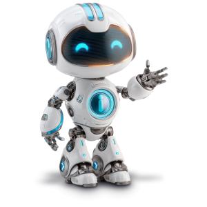 Friendly robot clipart with customizable chest symbol, glowing blue lights, and futuristic design. Perfect for PowerPoint technology and AI presentations.