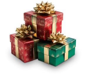 Brightly wrapped Christmas gift clipart featuring red and green presents with shiny bows. Perfect for holiday PowerPoint templates and seasonal designs.