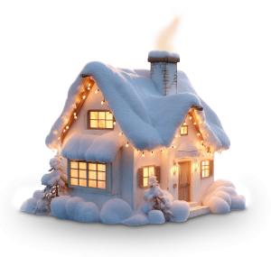 Warm and festive Christmas cottage clipart with snow and glowing lights. Perfect for holiday PowerPoint templates and seasonal presentations.