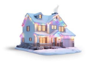 Cozy residential home clipart decorated with colorful Christmas lights and snow. Perfect for holiday PowerPoint templates and festive seasonal slides.