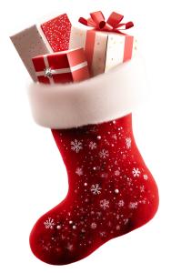 Bright Christmas stocking clipart filled with gifts and bows. Perfect for holiday PowerPoint templates and seasonal presentation designs.