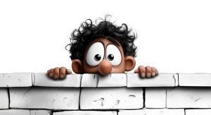 Cartoon character peeking over a white brick wall clipart symbolizing fear, safety, and emotional barriers. Ideal for PowerPoint templates and presentations.
