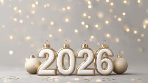 This image features elegant New Year ornaments displaying the year 2026 with golden accents and festive bokeh lights.

