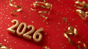 This festive background features gold &quot;2026&quot; numbers with ribbons and confetti, perfect for New Year celebrations.

