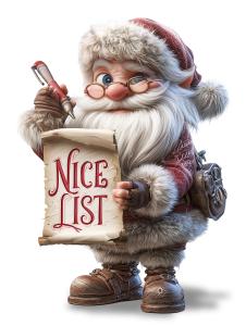 Add this cheerful Santa Nice List clipart to your holiday presentations and designs.