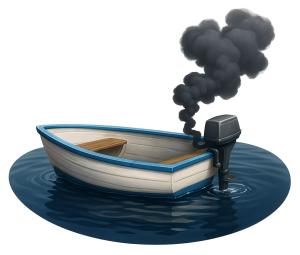 Boat-with-smoke idiom clipart illustrating stalled progress. Perfect for PowerPoint presentations about challenges, obstacles, or halted momentum.