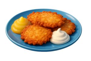 Download this appetizing presentation clipart featuring crispy latkes with applesauce and sour cream for your culinary slides.