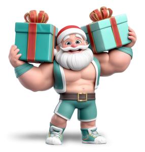 Download this playful Santa weightlifter presentation clipart to add a festive and humorous touch to your holiday slides.Title: Santa Weightlifter Presents