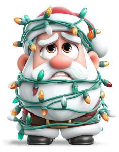 Download this humorous Santa presentation clipart to add a playful touch to your holiday slides.Title: Santa Tangled Lights