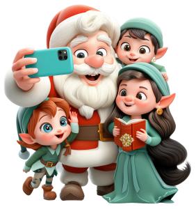 Download this festive Santa and elves presentation clipart for joyful Christmas celebrations.