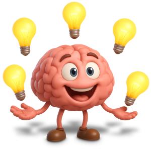 Download this playful brain character juggling light bulbs for your presentation design needs.