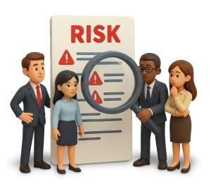 Download this vibrant team analyzing risk clipart for engaging presentation design.