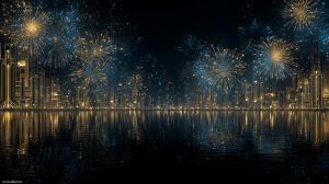 This vibrant background showcases a dazzling fireworks display over a golden city skyline, perfect for celebrations.