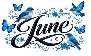Download this June theme clipart featuring bluebirds and butterflies for vibrant presentation design.