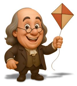 Download this historical clipart of Benjamin Franklin with a kite for engaging educational presentations.