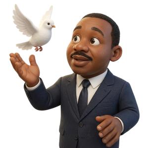 A stylized representation of Martin Luther King Jr. gently releasing a dove, a powerful symbol of peace.