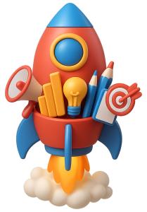 Download this whimsical rocket clipart for marketing presentations to creatively illustrate new strategies and tools.Title: playful rocket marketing tools