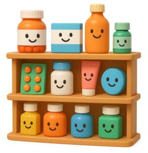 Download this cheerful pharmacy shelf clipart for engaging presentation design in health and wellness topics.