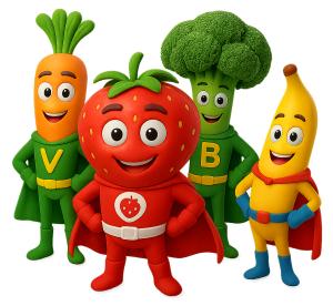 Download this quirky fruit and vegetable superhero Presentation Clipart to promote nutrition in your presentation design.