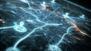  
This digital map background showcases a futuristic navigation theme with glowing lines and markers.

