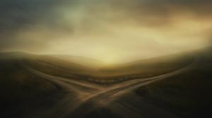  
A serene crossroads scene representing choices and decision-making in a tranquil landscape.

