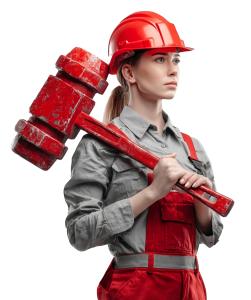 This image showcases a woman confidently holding a massive hammer, symbolizing strength and empowerment in the construction industry.