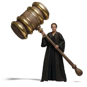 This striking image features a confident judge wielding an oversized legal mallet, symbolizing authority and justice.