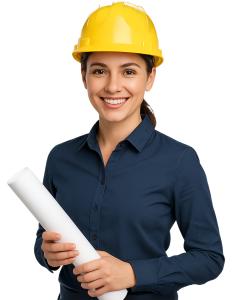 Download this Presentation Clipart to enhance your designs with a confident female worker holding blueprints, perfect for construction themes.