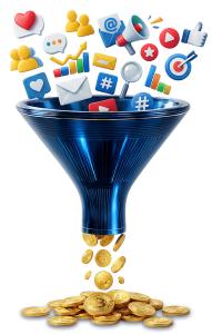 This clipart illustrates the concept of a customer acquisition funnel, showcasing various marketing icons pouring into a funnel.