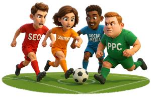 This vibrant clipart features four animated characters representing different marketing strategies: SEO, Content, Social Media, and PPC.