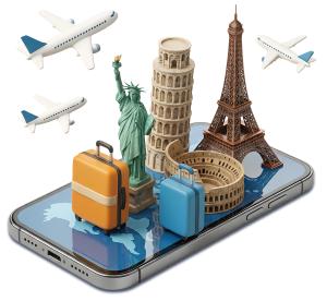 A collection of 3D travel icons positioned above a smartphone, creating a captivating visual representation of travel planning.