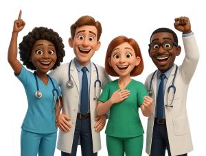 This vibrant clipart showcases a group of healthcare professionals celebrating their achievements and camaraderie.