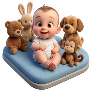 Download this adorable Presentation Clipart of a baby with stuffed animals for use in childhood and healthcare presentations.