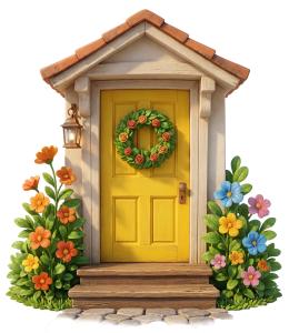 Download this Presentation Clipart to enhance your designs with a welcoming yellow door and flower garden, perfect for home and lifestyle themes.