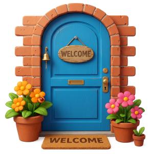 Download this Presentation Clipart to enhance your design with a cheerful blue front door and colorful flowers, perfect for welcoming themes.