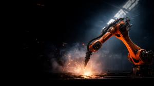 This background showcases an industrial robot welding, symbolizing innovation and technology in manufacturing.