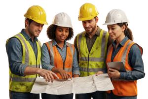 Download this Presentation Clipart to enhance your design with a diverse team collaborating on construction plans.