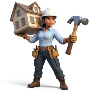Download this Presentation Clipart featuring a female home builder to enhance your construction-themed presentation design.