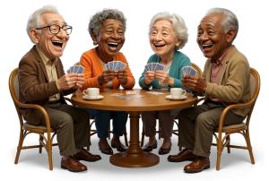 Download this Presentation Clipart to enhance your design with joyful scenes of elderly friends enjoying card games.