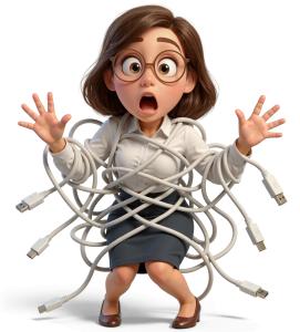 Download this Presentation Clipart of a businesswoman tangled in cables to add humor to your presentation design.