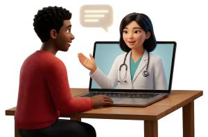 Download this Presentation Clipart to enhance health-related presentation designs with engaging visuals of virtual doctor consultations.
