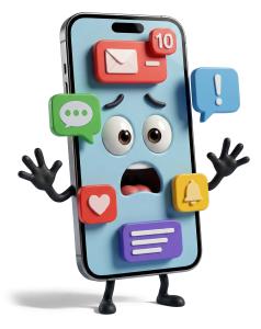 Download this expressive phone notifications clipart for effective use in presentation design, illustrating digital stress and communication overload.