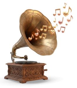 Download this Presentation Clipart to enhance your design with a gramophone and heart-shaped music notes for romantic themes.