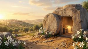  
This serene background features an empty tomb surrounded by nature, symbolizing Easter and renewal.

